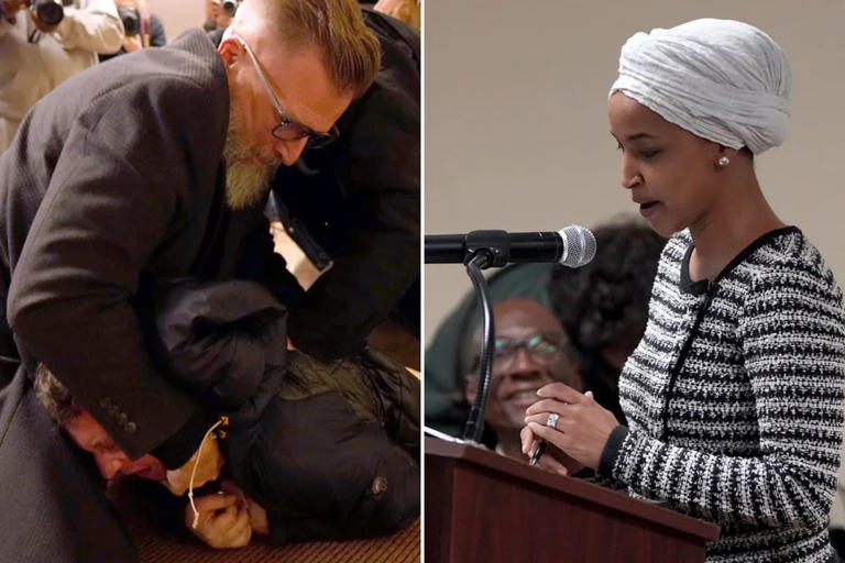 Man sprays Ilhan Omar with unknown substance at Minneapolis town hall event