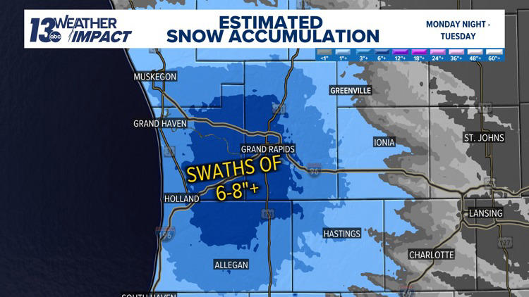 How much snow did West Michigan see overnight Monday - Tuesday?