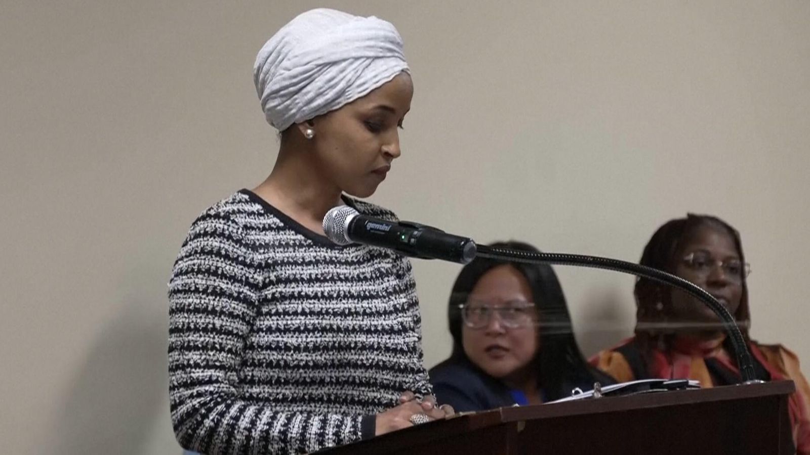 Ilhan Omar was sprayed with an unknown substance during a town hall she was hosting in Minneapolis. Pic: Reuters