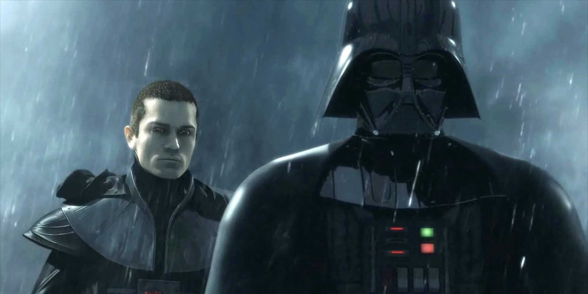 The Dark Apprentice, an evil clone of Starkiller, stands next to Darth Vader on Kamino in the final cutscene of the Star Wars: The Force Unleashed II Dark Side Ending.