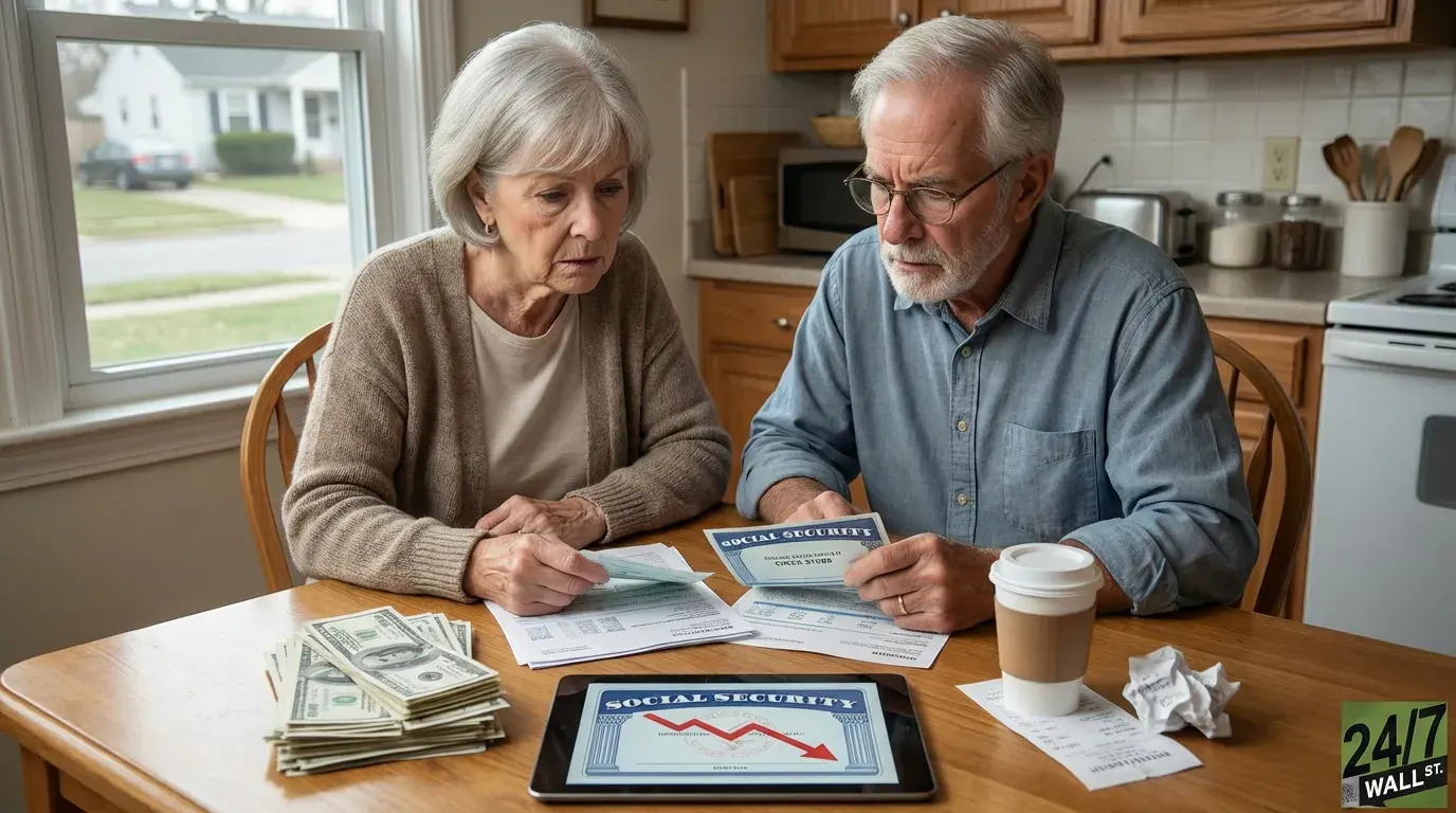 An older white couple, appearing concerned, sits at a wooden kitchen table reviewing papers. The woman on the left wears a beige cardigan, and the man on the right wears a blue collared shirt and glasses. On the table are Social Security documents, a stack of US dollar bills, and a tablet displaying a 'SOCIAL SECURITY' graph with a red arrow showing decline. A disposable coffee cup and crumpled paper are also on the table, with a kitchen and a window to a street visible in the background.