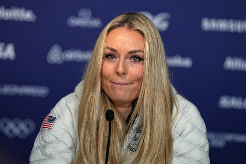 Lindsey Vonn at her press conference in Cortina d’Ampezzo on Tuesday.