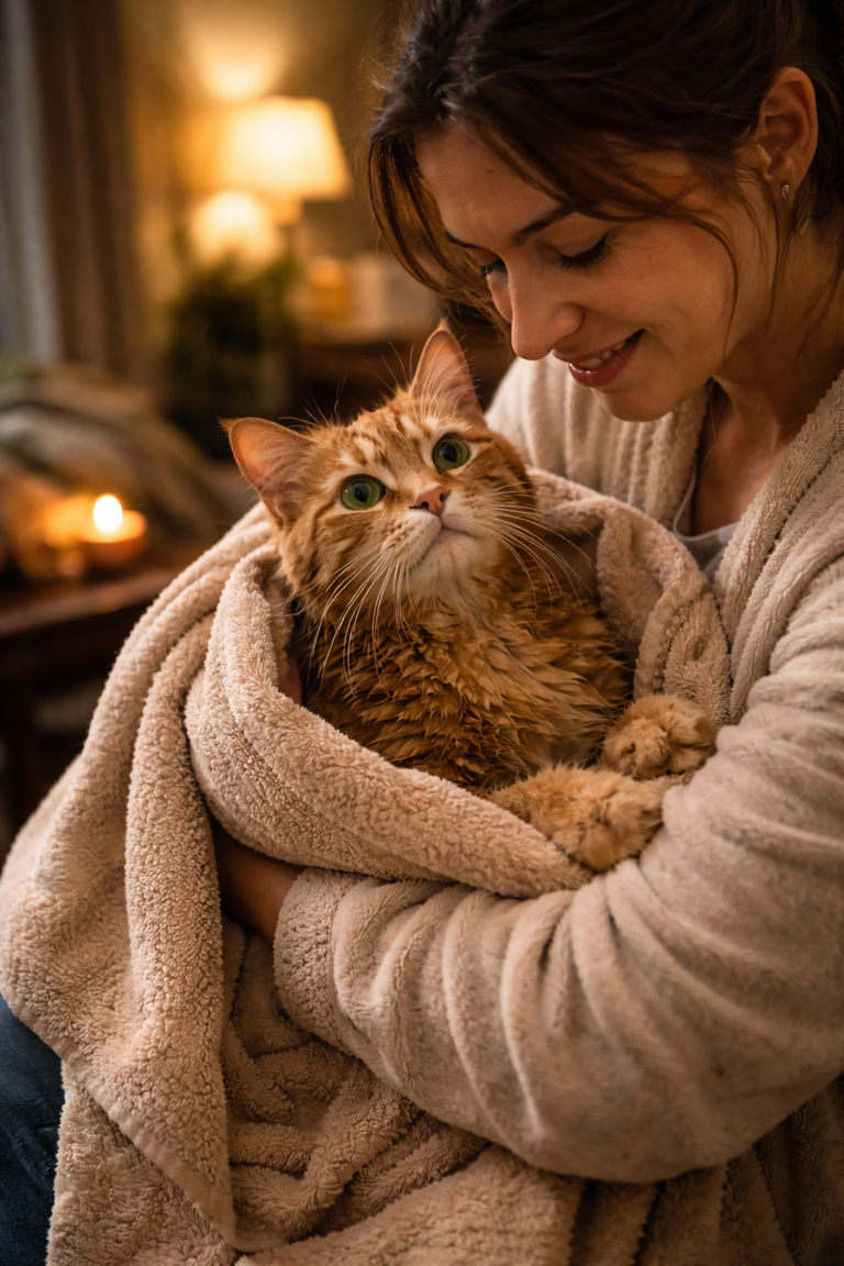 Sotto la pioggia un gatto randagio guarda dentro casa e tutto cambia