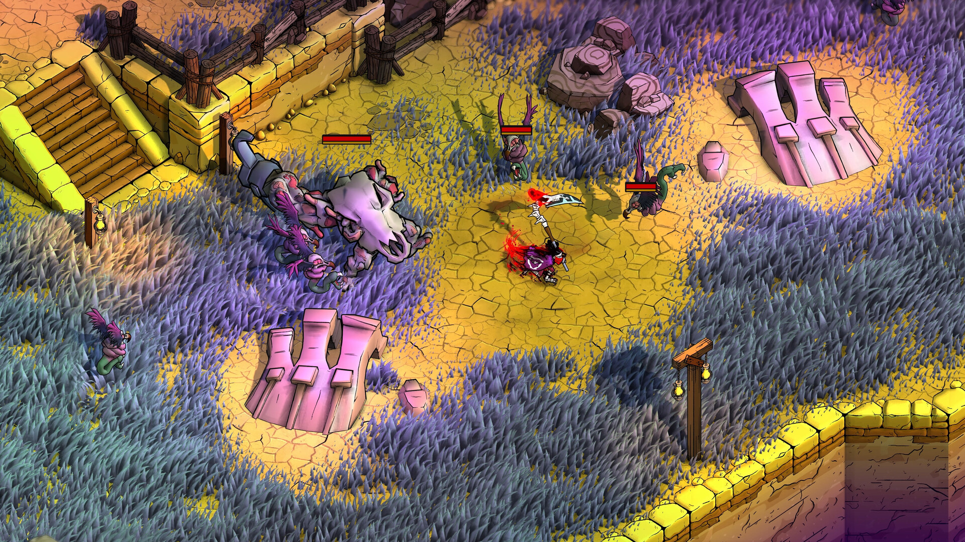 Blighted screenshot showing the lone survivor protagonist fighting skeletal creatures with a scythe-like weapon on desert land that has some big ribcage bones embedded in the ground