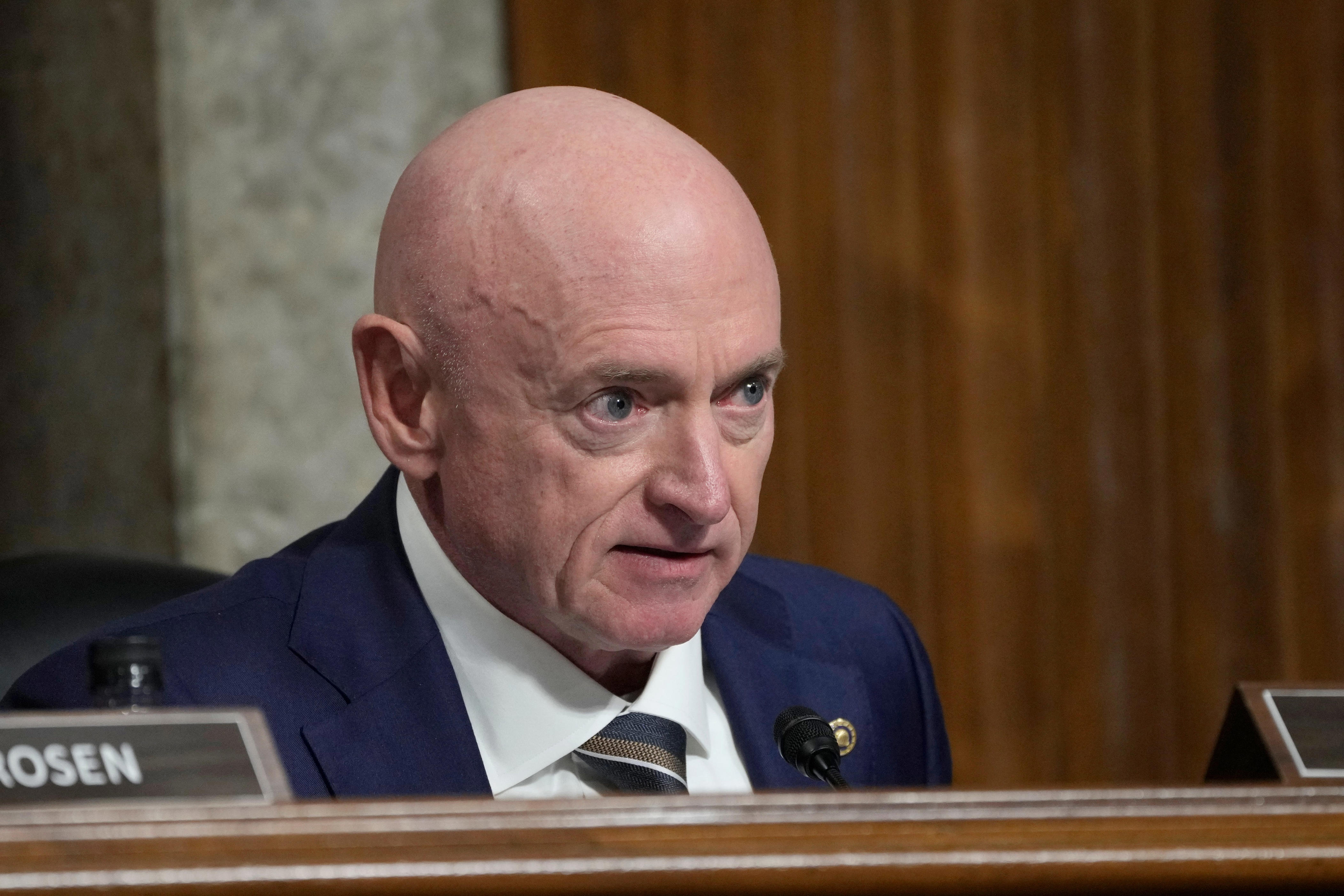 Sen. Mark Kelly, D-Ariz., delivers remarks during a Senate Armed Services committee hearing on the expected nomination of Pete Hegseth to be Secretary of Defense on Tuesday, Jan. 14, 2025 in Washington, DC.