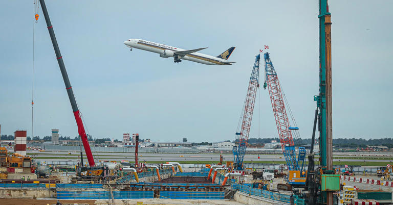 A building site at Terminal 2 of Singapore's Changi Airport in April 2025. Work has begun on the airport's new Terminal 5, with construction contracts worth 13 billion Singapore dollars (about $10.3 billion) yet to be awarded in 2026 and 2027, per estimates from analysts at CGS International.