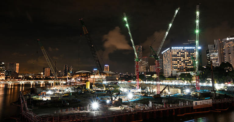 A construction site at the Marina Bay Sands development in Singapore in April 2025. An $8 billion project by Las Vegas Sands is underway, including a 570-suite hotel and 15,000-seat arena.