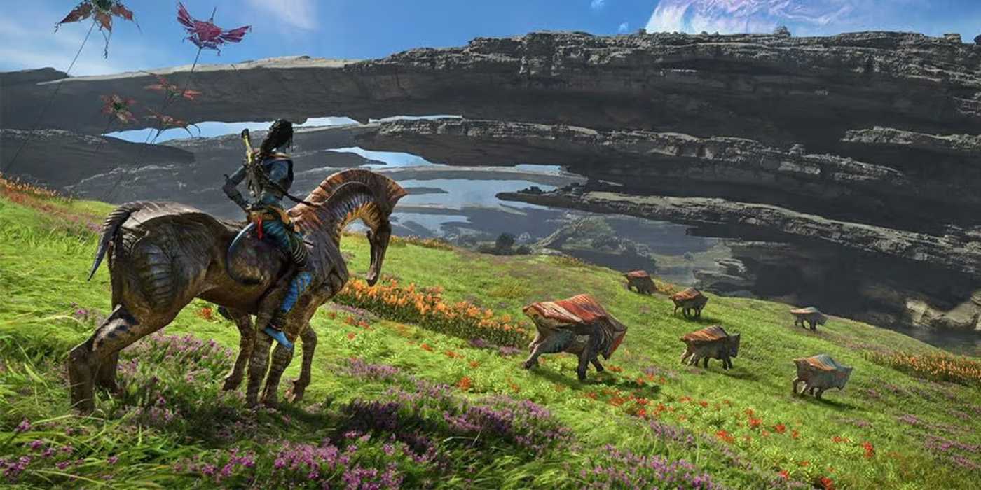 The player riding a direhorse across a vast field in Avatar Frontiers of Pandora.