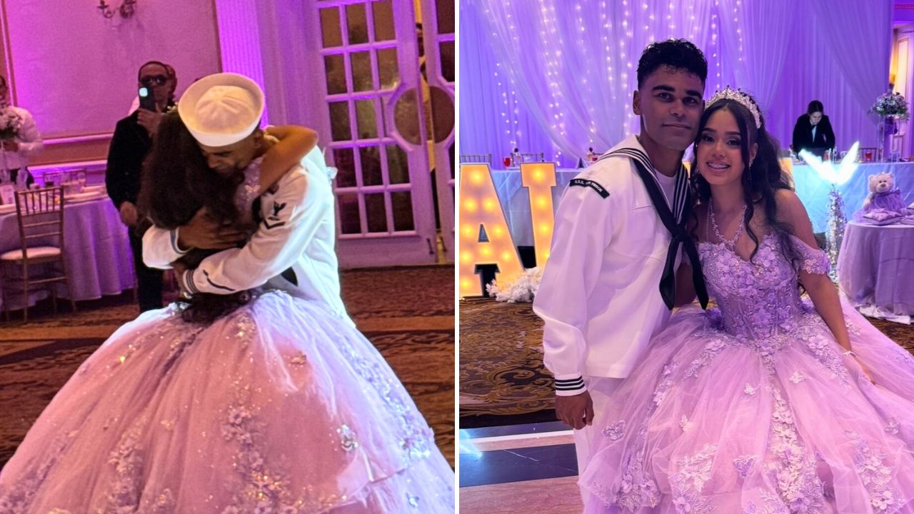 Sailor brings cousin to tears of joy when he surprises her at quinceanera