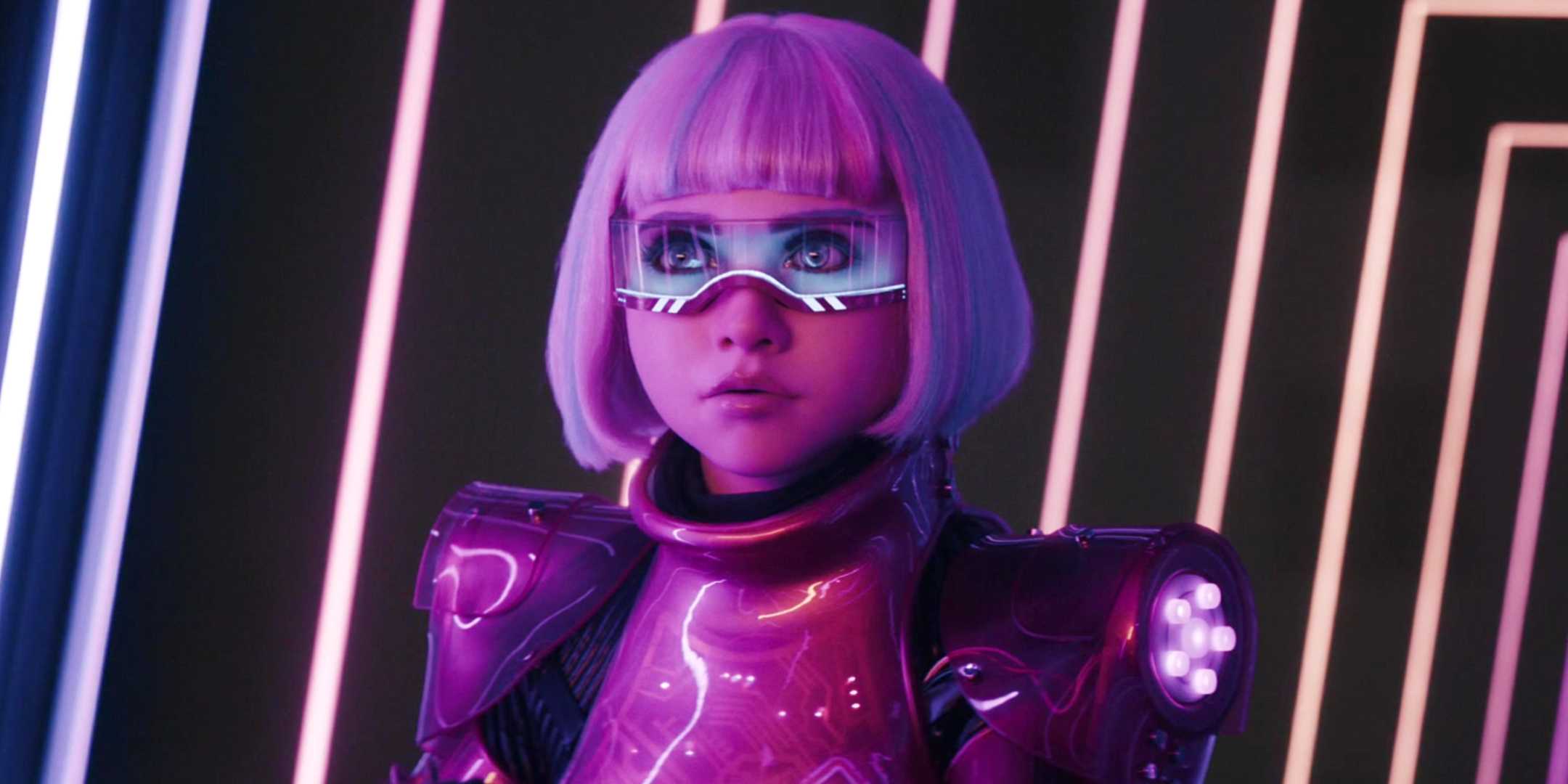 M3GAN in a pink light in M3GAN 2.0