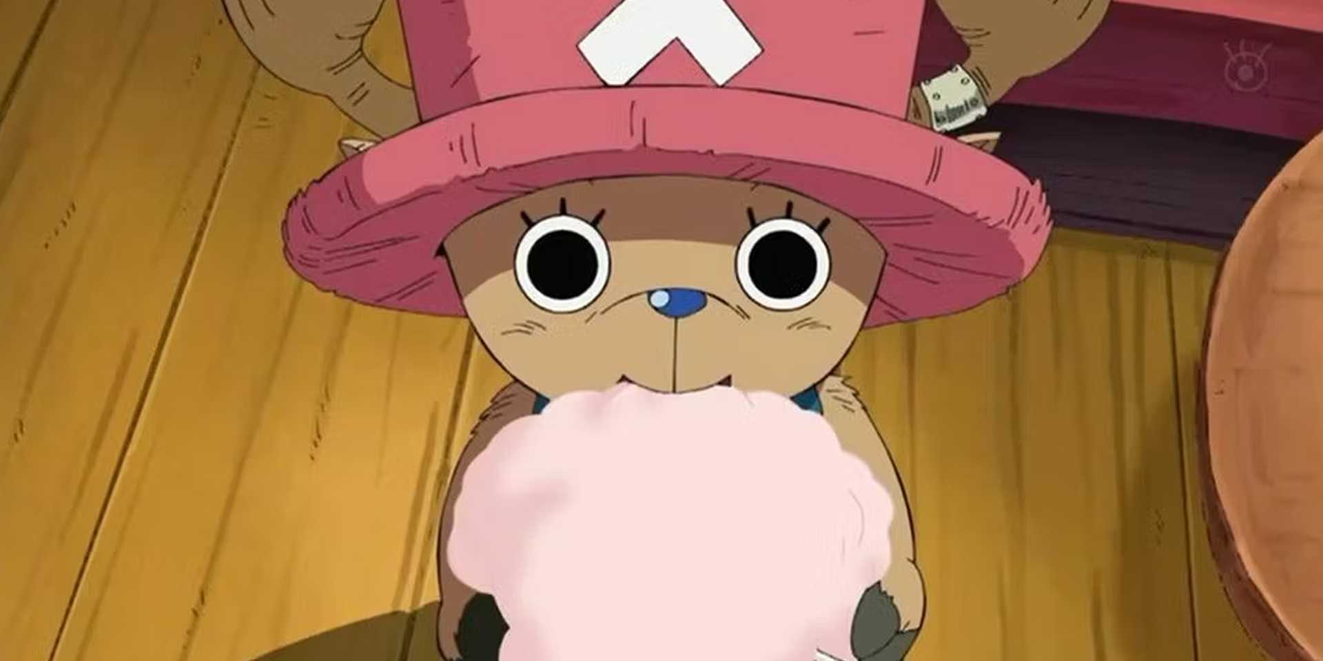 Chopper eats cotton candy in One Piece.