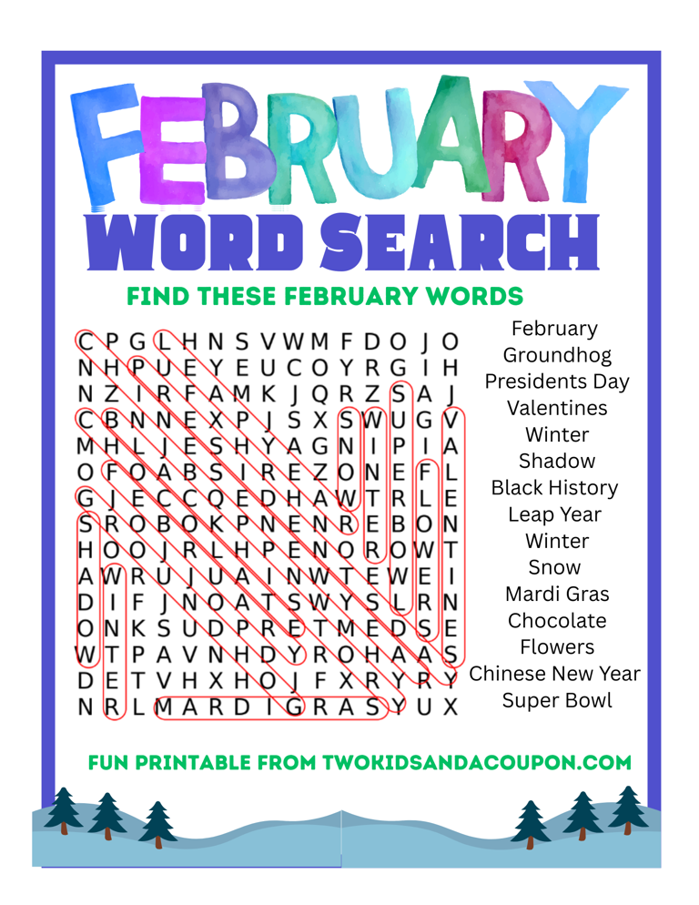 Find February fun with our free printable February word search