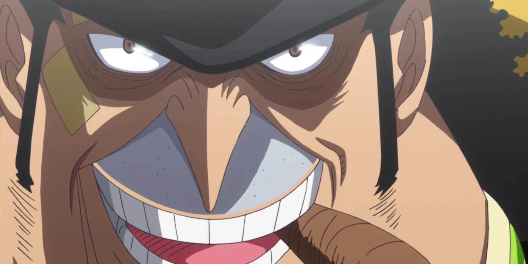 The image depicts a close-up of One Piece's Capone Bege talking with a cigar in his mouth.