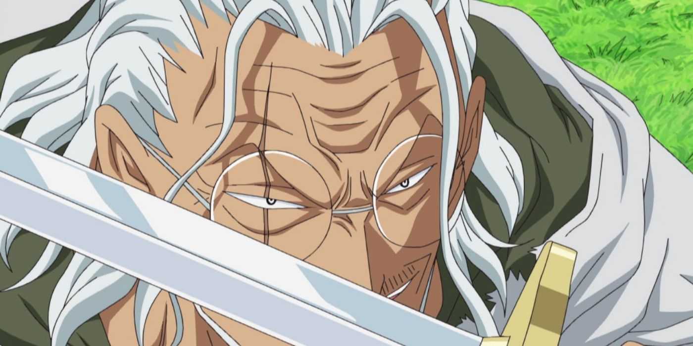 Silvers Rayleigh holds his sword in front of his face during One Piece's Sabaody Arc.
