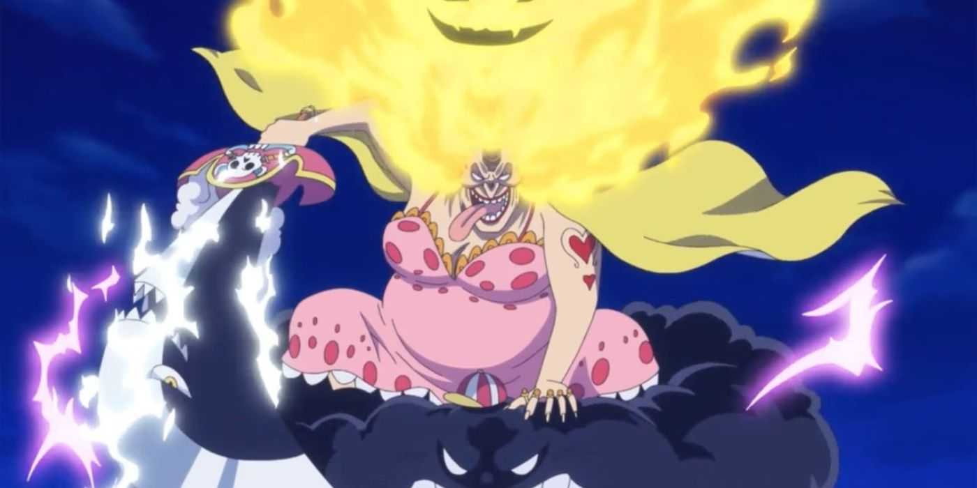 Big Mom is in a hunger fervor as she rides on Zeus, who is a storm cloud, uses Prometheus as flaming hair, and wields Napoleon, who is sparking, during One Piece's Whole Cake Island arc.
