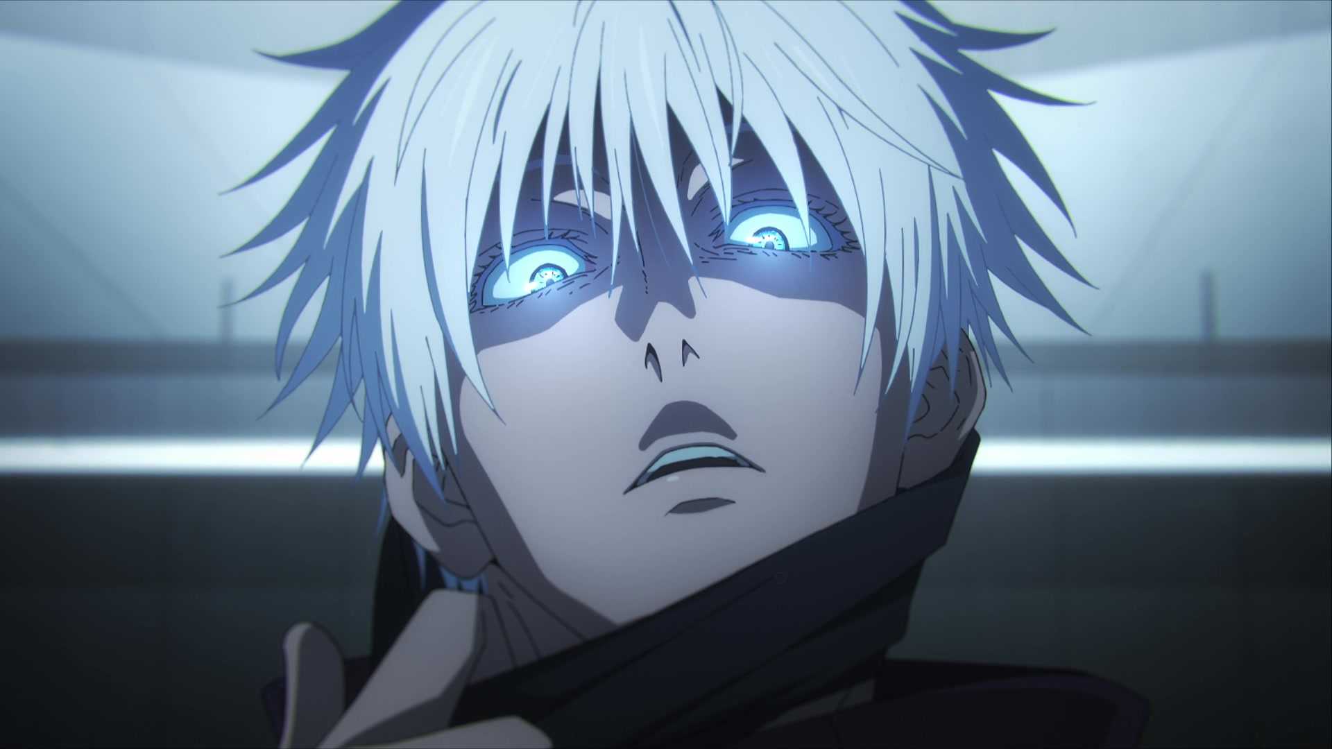 An intense headshot of Satoru Gojo from JJK Anime Episode 32.