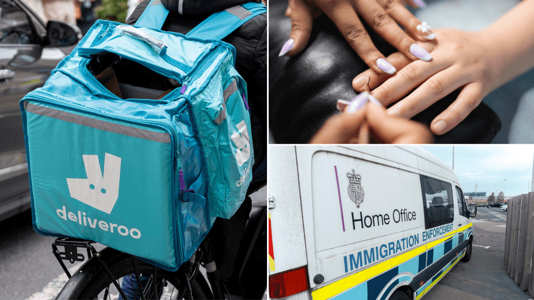 Three image collage including Deliveroo rider, immigration enforcement badge and nail salon | Source: GETTY