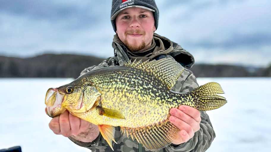 Ice fishing river backwaters for slab crappies