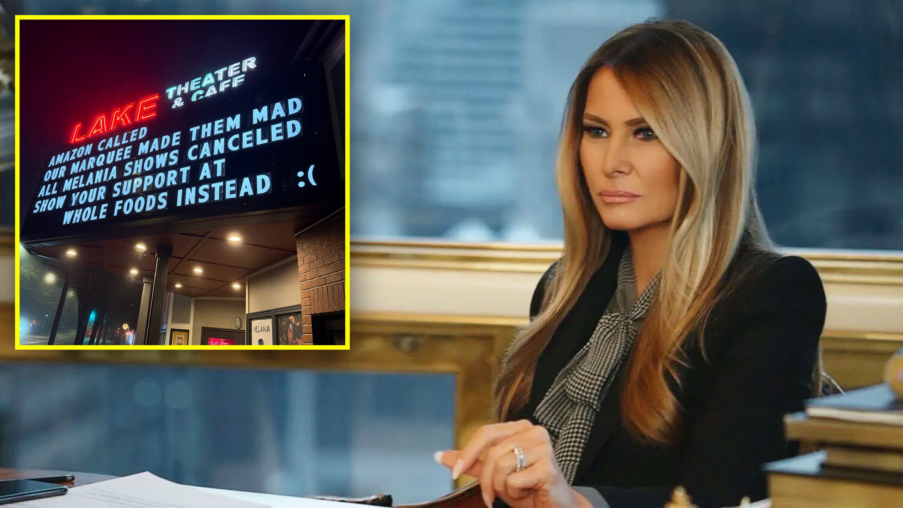 Amazon pulls ‘Melania’ from local theater over marquee jokes<br>