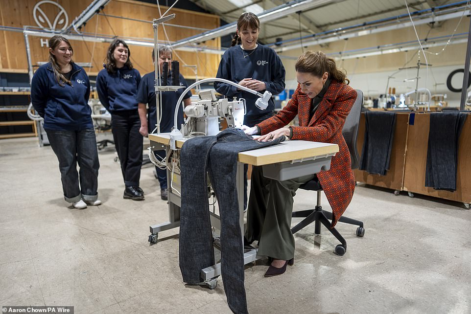 Kate beams as she creates pair of trousers for William