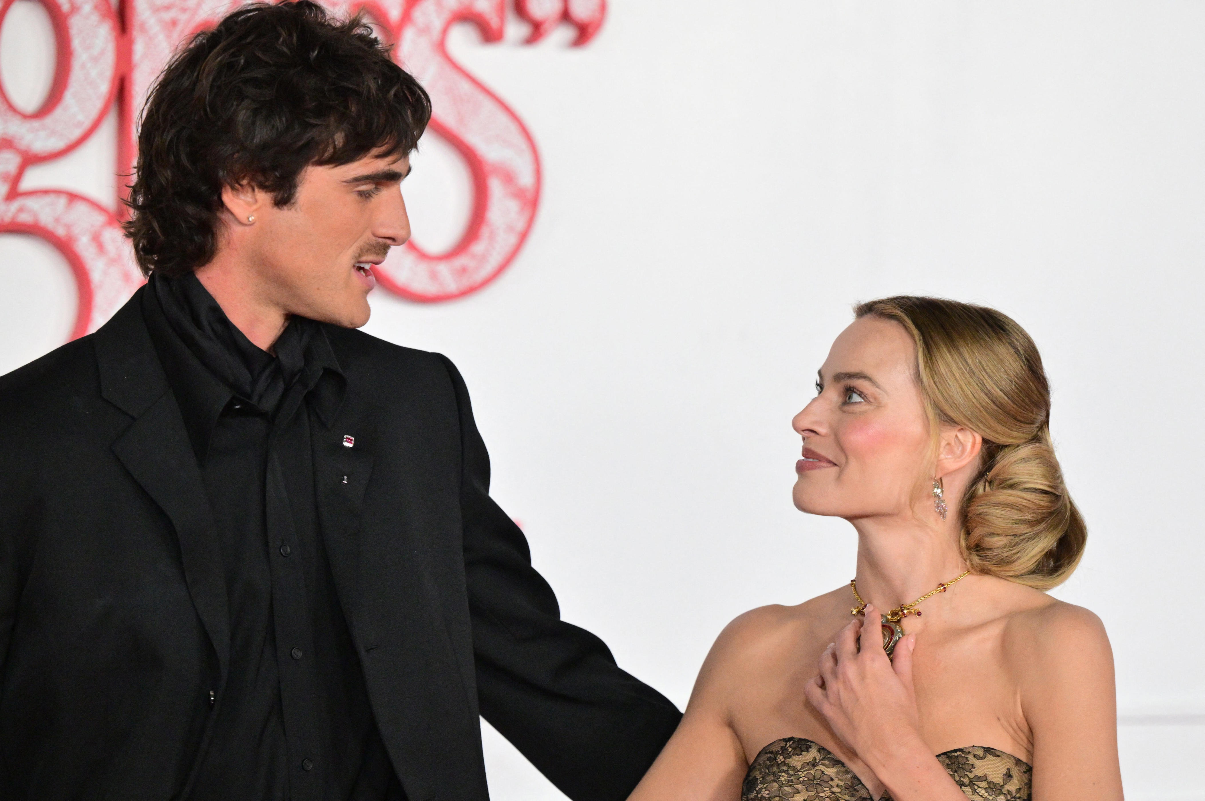 Jacob Elordi, left, and Margot Robbie at the Los Angeles premiere of "Wuthering Heights" on Jan. 28.