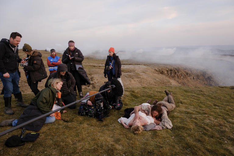 "Wuthering Heights" director Emerald Fennell, left, cinematographer Linus Sandgren and actors Margot Robbie and Jacob Elordi behind the scenes.