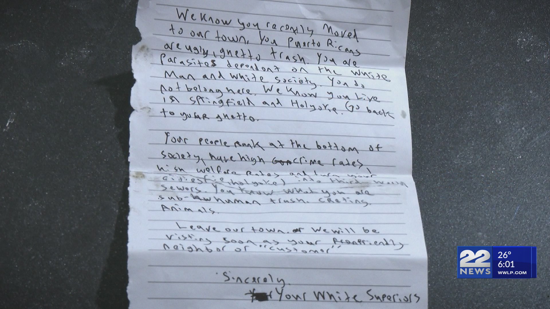 ‘Sincerely your white superior’: Racist letter sparks police ...