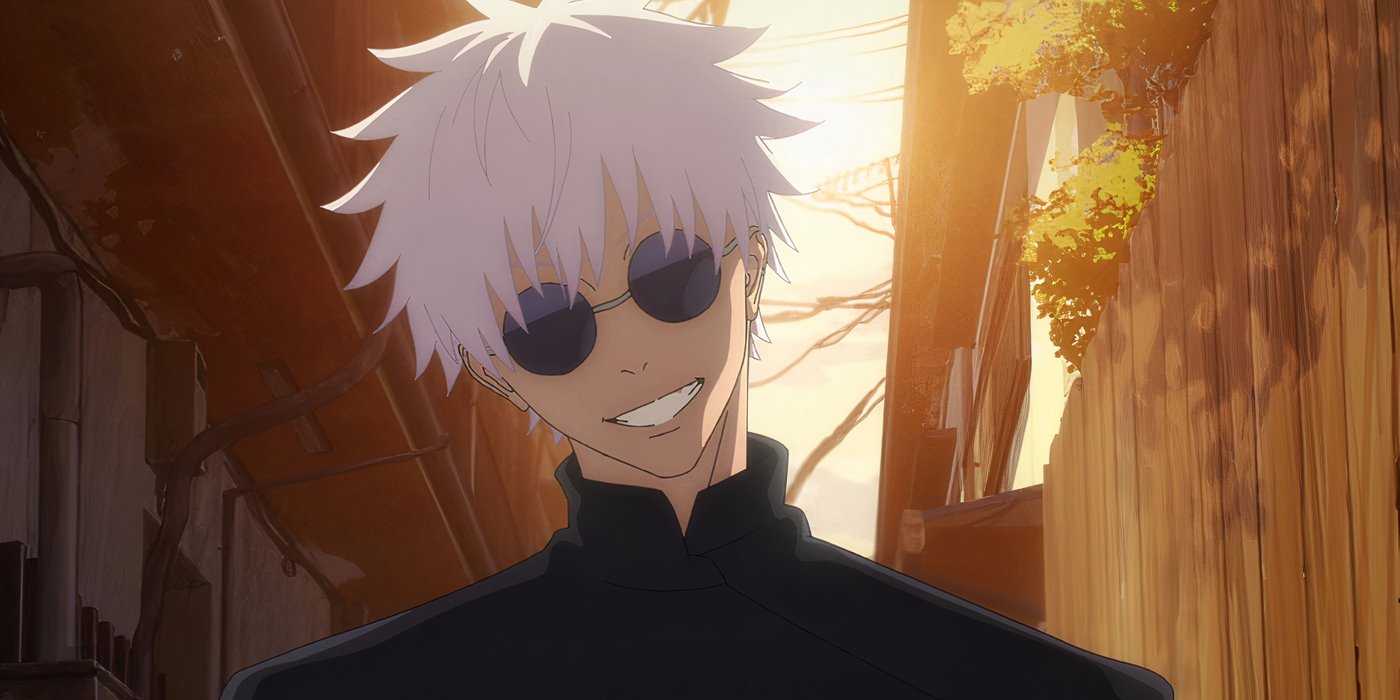 Jujutsu Kaisen Season 2 Satoru Gojo in sunglasses smiling with his head tilted to the side