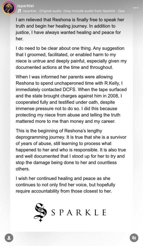 Sparkle responds to niece Reshona Landfair's grooming claim tied to R Kelly