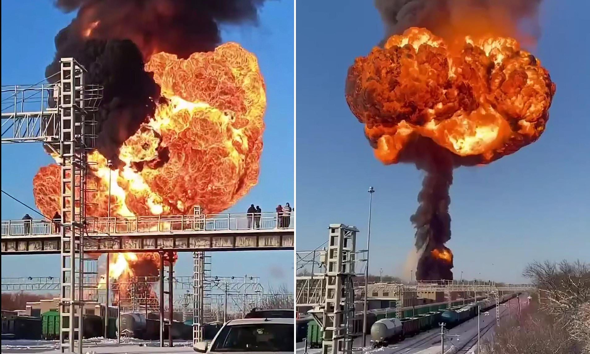 Moment massive fireball erupts as Russian train explodes