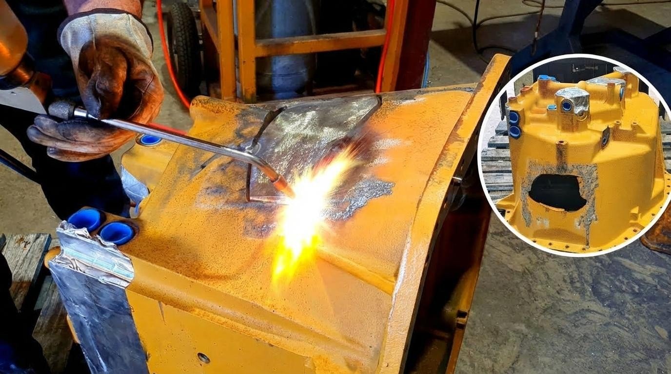 Fractured cast iron transmission housing repaired