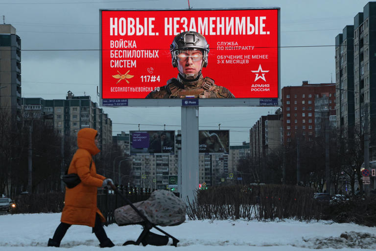 An ad promoting military service in the Russian army's unmanned systems forces in St. Petersburg.
