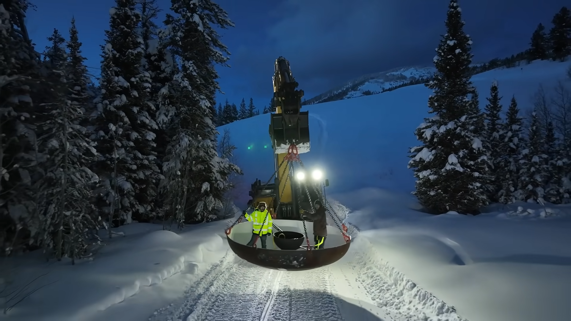 A mountain hot tub setup in extreme winter conditions