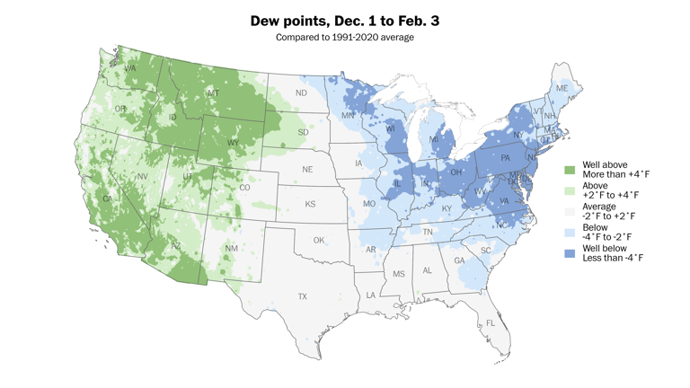 Humidity has been below-average or well below-average across much of the East. Lower moisture content in the air is contributing to dry skin and chapped lips.