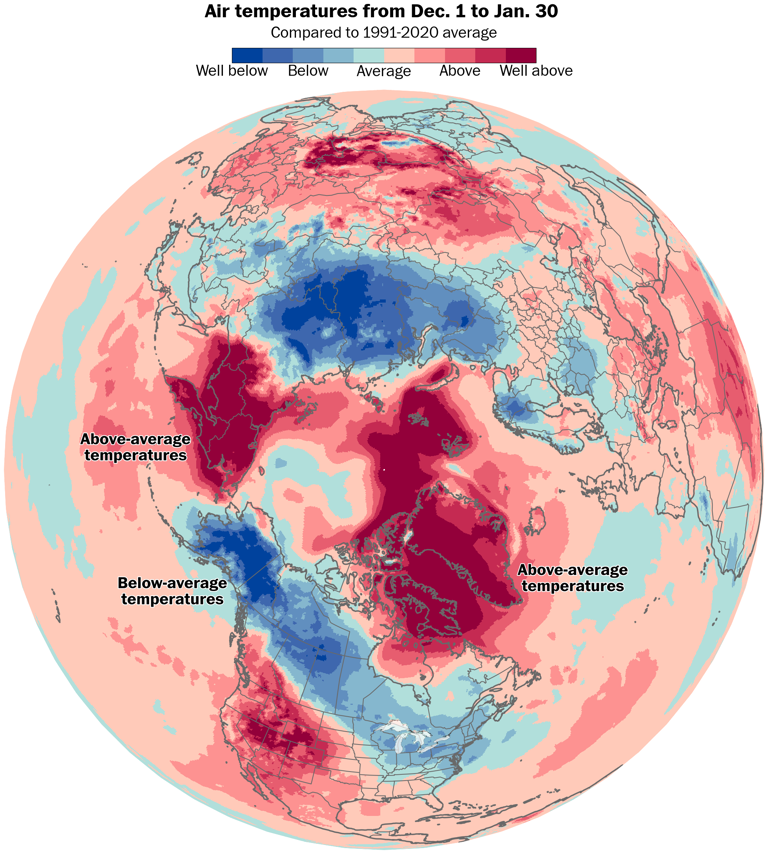 Frigid conditions in the United States are being overshadowed by well above-average temperatures in the Arctic for the time of year.