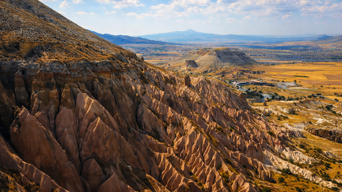 Majestic rock formations in a golden landscape