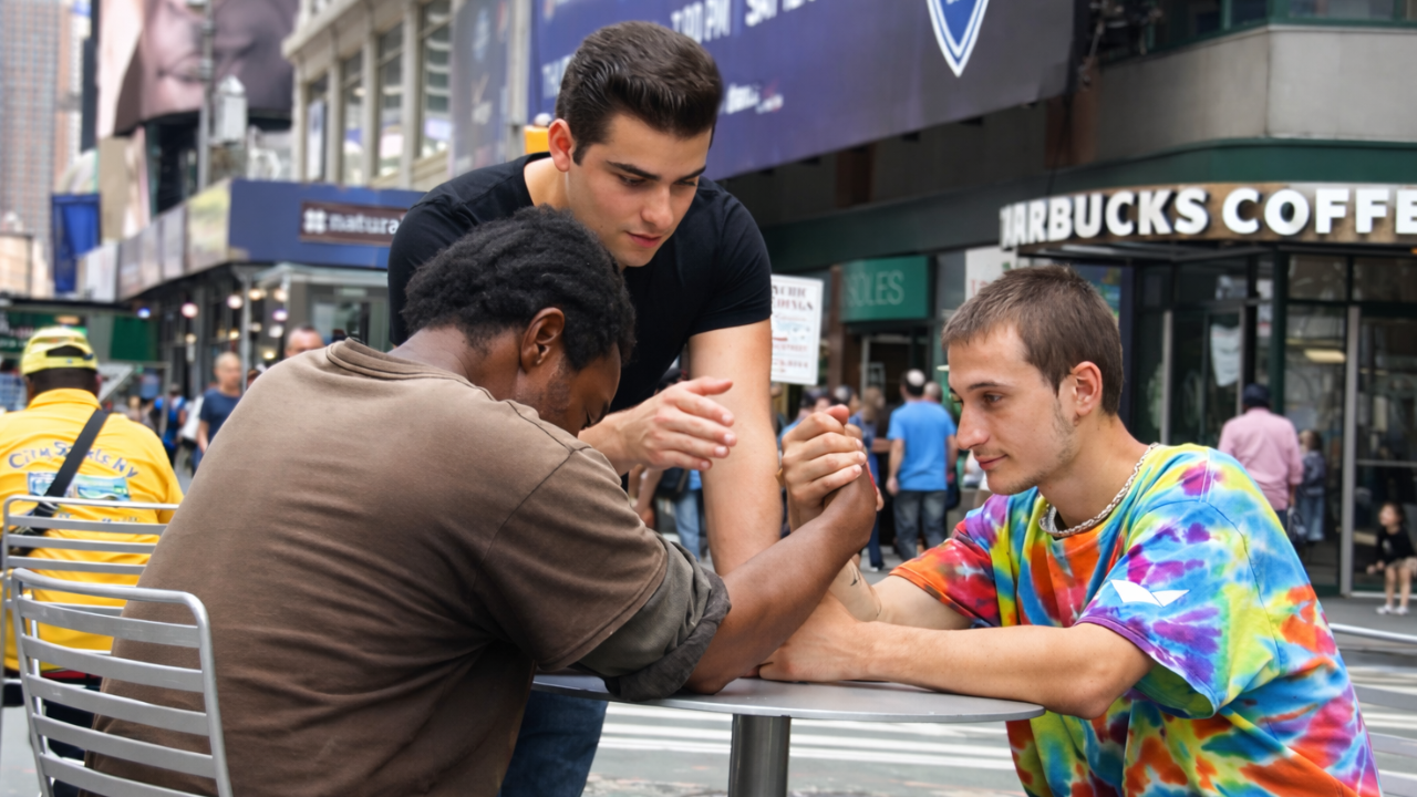 Homeless men arm wrestle for money in public
