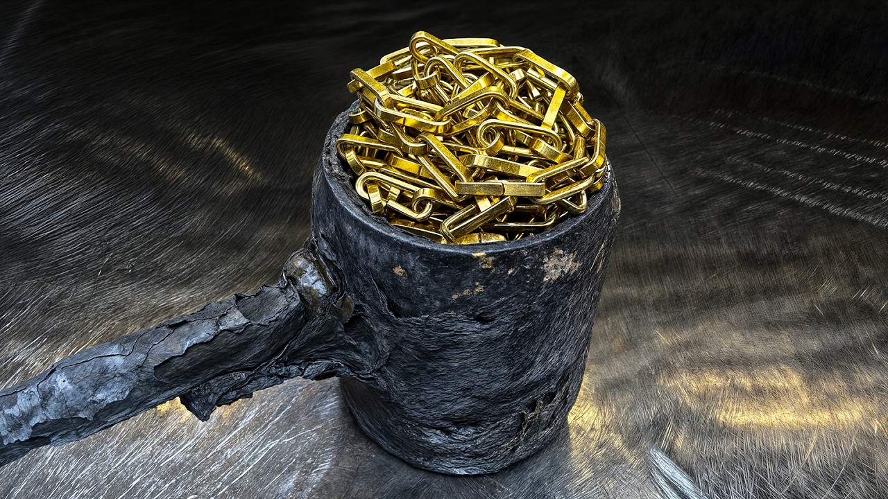 Molten brass chain turned into a razor-sharp knife