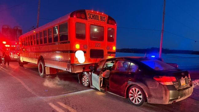 Crash leaves car lodged under school bus in York County; 1 taken to ...