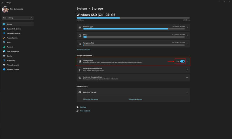 Screenshot of the Storage section in Windows 11 Settings app with the Storage Sense option highlighted