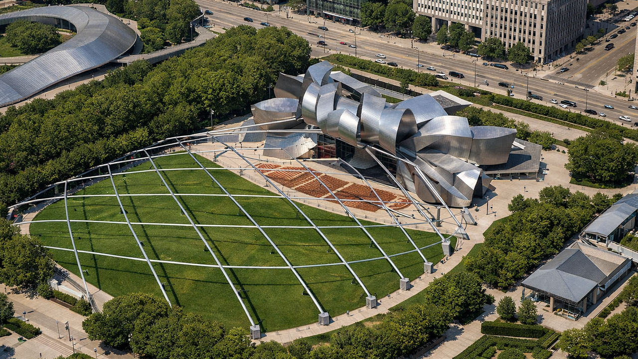 Aerial view of Jay Pritzker Pavilion