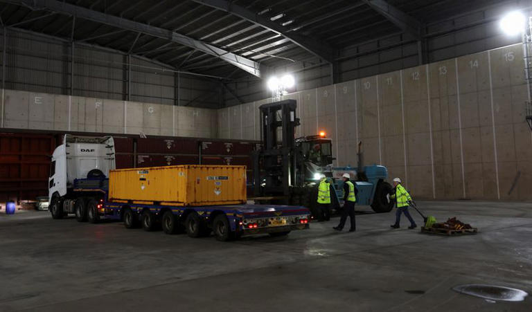 A truck delivers a container to the low-level waste vaults at the Dounreay nuclear site in Dounreay, Scotland, Britain November 25, 2025. REUTERS/Russell Cheyne