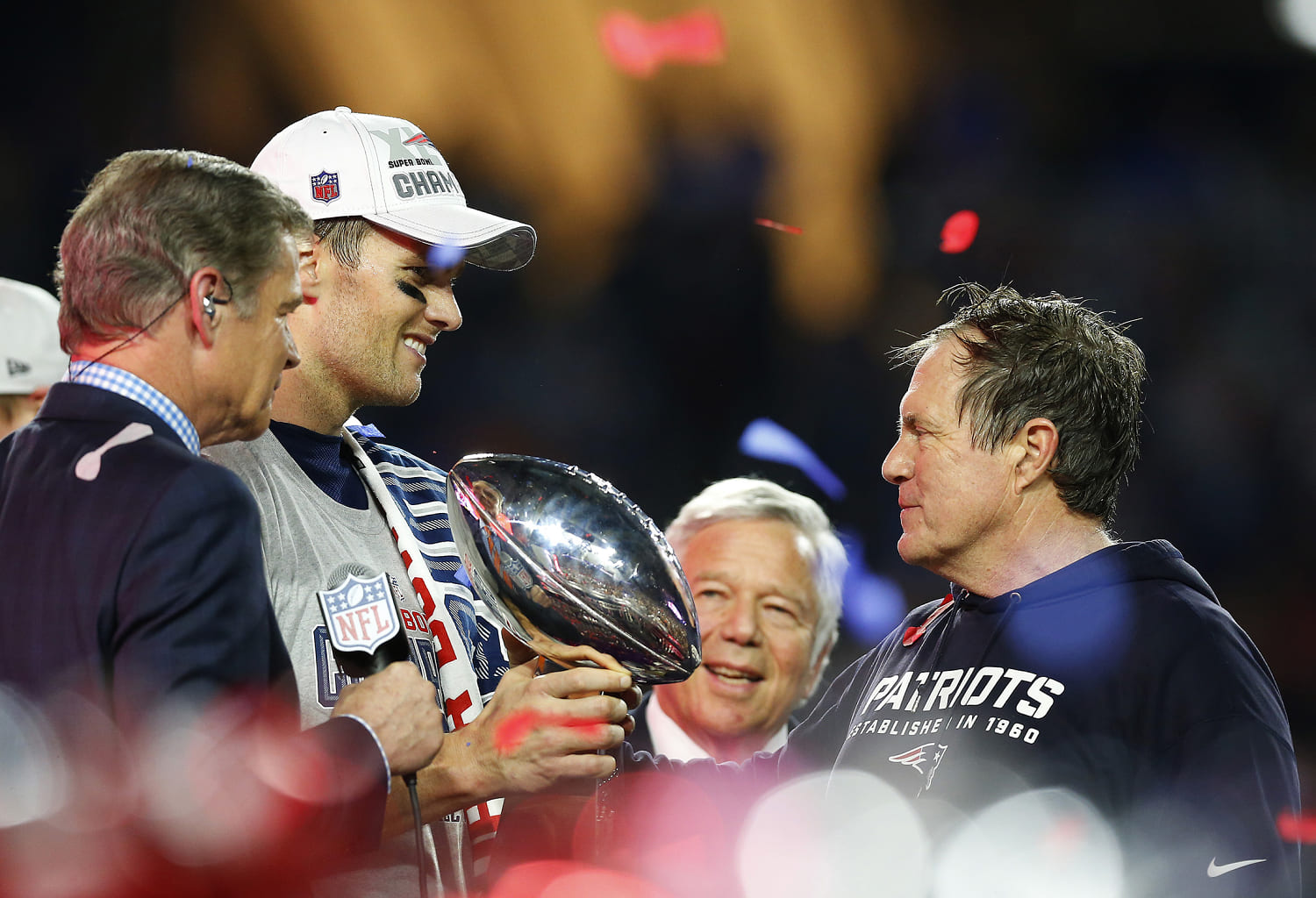 Tom Brady and Bill Belichick of the New England Patriots celebrate winning the Super Bowl, in 2015. (Tom Pennington / Getty Images file)