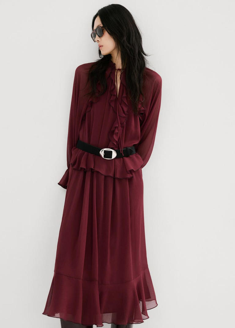 Mango's burgundy ruffled midi dress is the runway-inspired design you ...