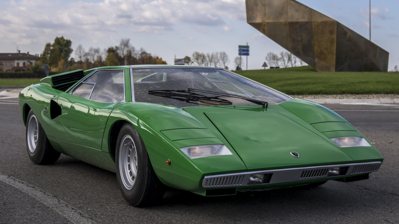 Front 3/4 view of Lamborghini Countach LP400 chassis 0001 on tarmac
