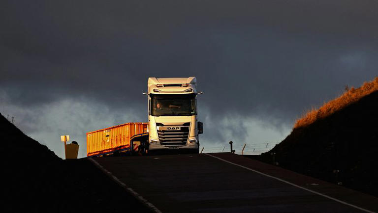 A truck delivers a container to the low-level waste vaults at the Dounreay nuclear site in Dounreay, Scotland, Britain November 25, 2025. REUTERS/Russell Cheyne
