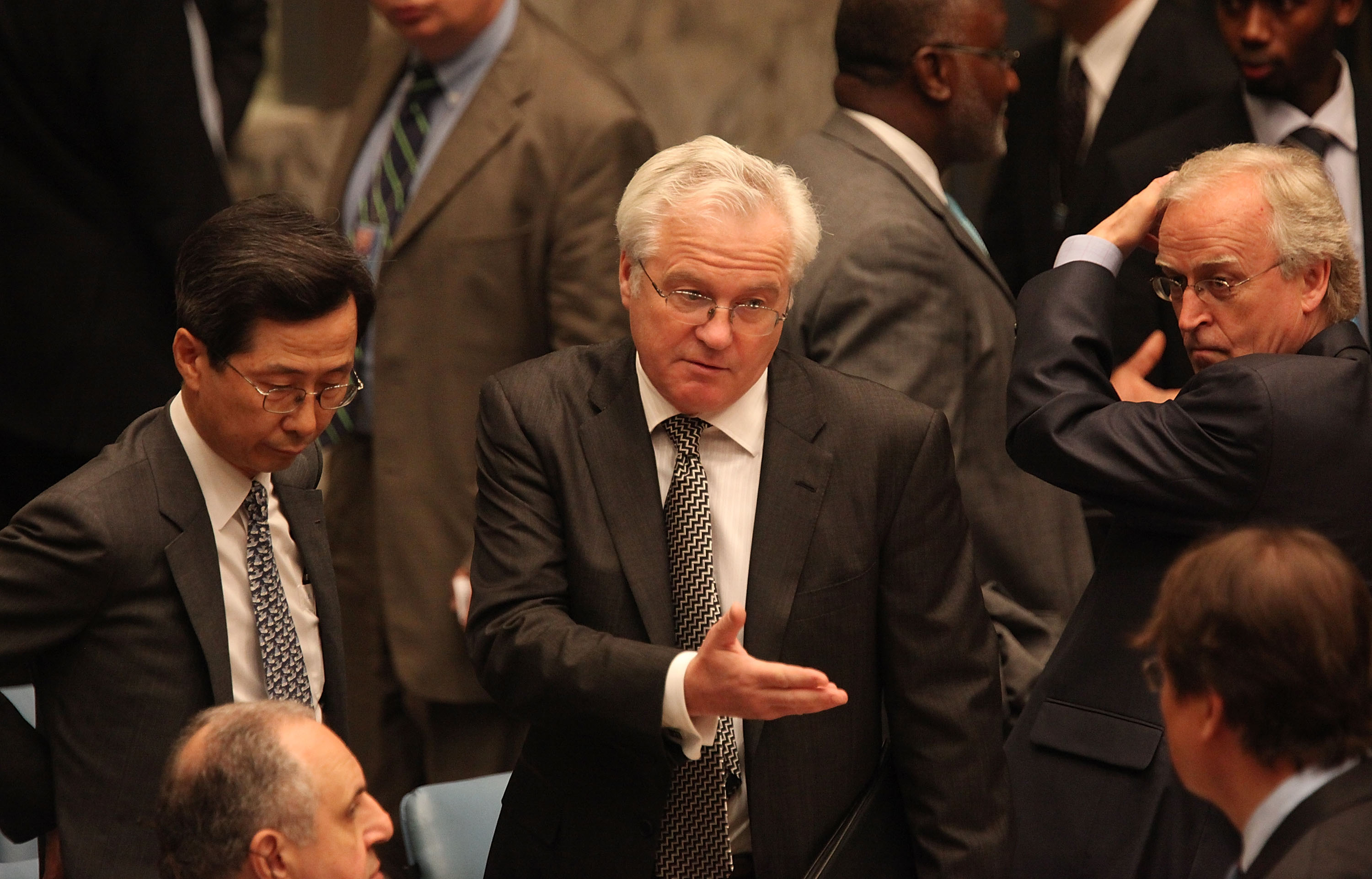 Vitaly Churkin, center, the former Russian ambassador to the United Nations who died in 2017, thanked Jeffrey Epstein for assisting his son to find employment in the United States. (Mario Tama/Getty Images)