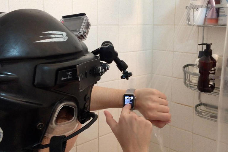 In 2015, the original Apple Watch came out. It wasn’t water-resistant, but Joanna wore it in the shower anyway. Along with a hockey helmet.