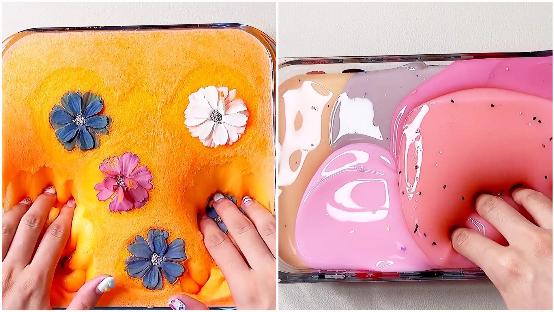 Soft floral slime pressing with glossy ASMR textures