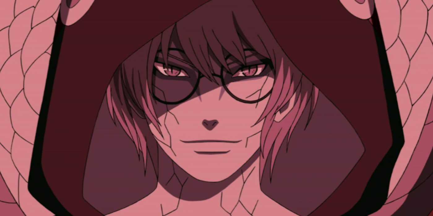 Kabuto is shaded in red and wearing a hood while in his snake form in Naruto: Shippuden.
